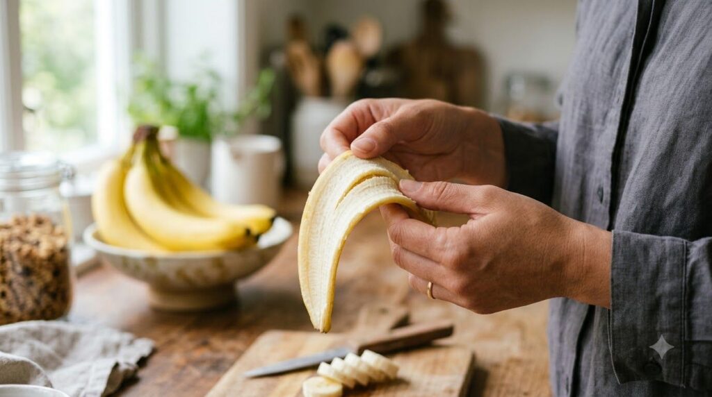 A person preparing a piece of banana peel showing the inside white part with a bowl of fresh bananas in the background