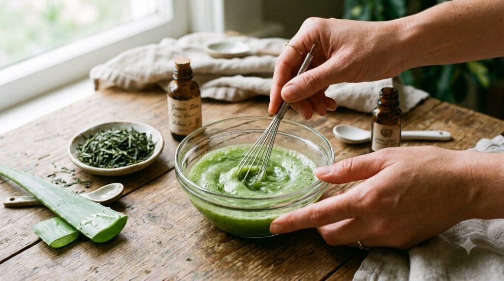 Hands mixing a green liquid and clear gel in a small bowl with a whisk symbolizing the preparation of the serum There ar
