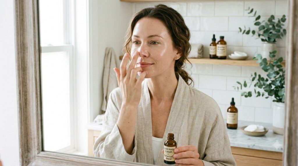 A woman gently applying the DIY serum to her face focusing on her nose and chin area with a soft clean glow on her skin
