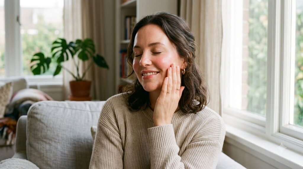 A woman with glowing smooth skin gently touching her cheek conveying a sense of hydration and radiance after using a bea
