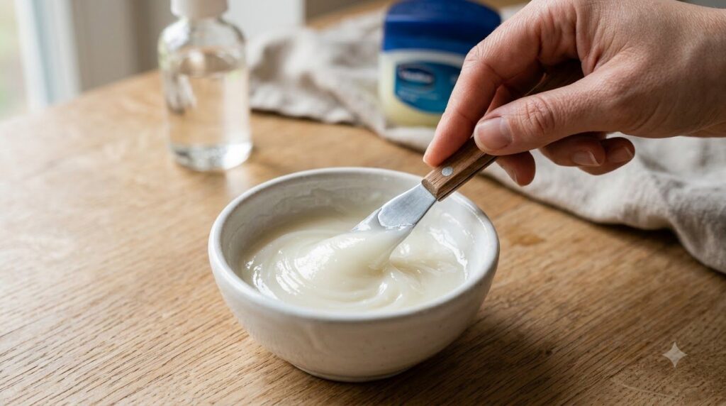 A person s hand mixing baby oil and Vaseline in a small white ceramic bowl showing the creamy texture of the blended ing