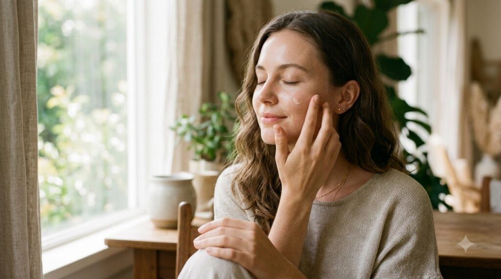 A woman gently applying a balm to her cheek