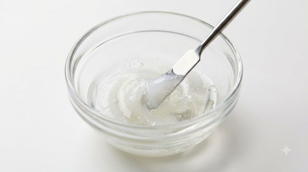 A small bowl with petroleum jelly and baby oil being mixed with a spatula