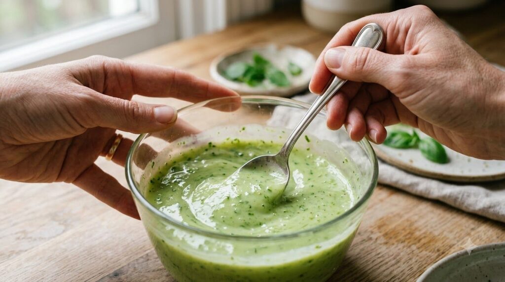 Hands mixing a bowl of cucumber juice petroleum jelly and vitamin E oil with a small spoon to create a smooth translucen