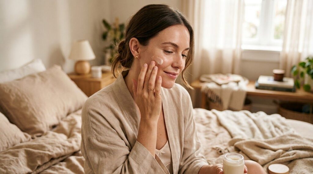 A woman gently applying the DIY night jelly to her face before bed showing a smooth hydrated complexion with a soft warm
