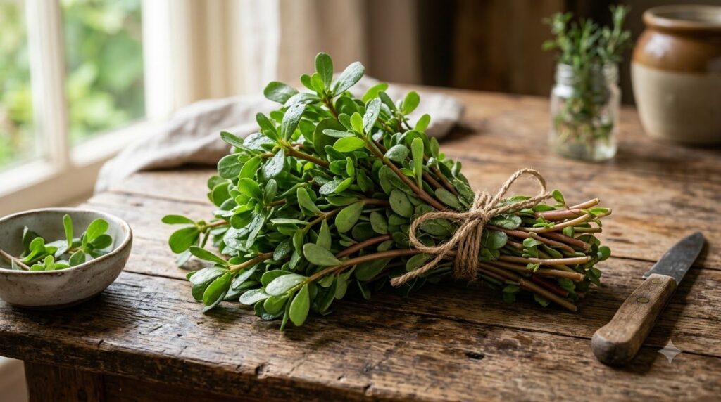 A neatly bundled bunch of freshly harvested purslane with vibrant green leaves and reddish stems displayed on a rustic w