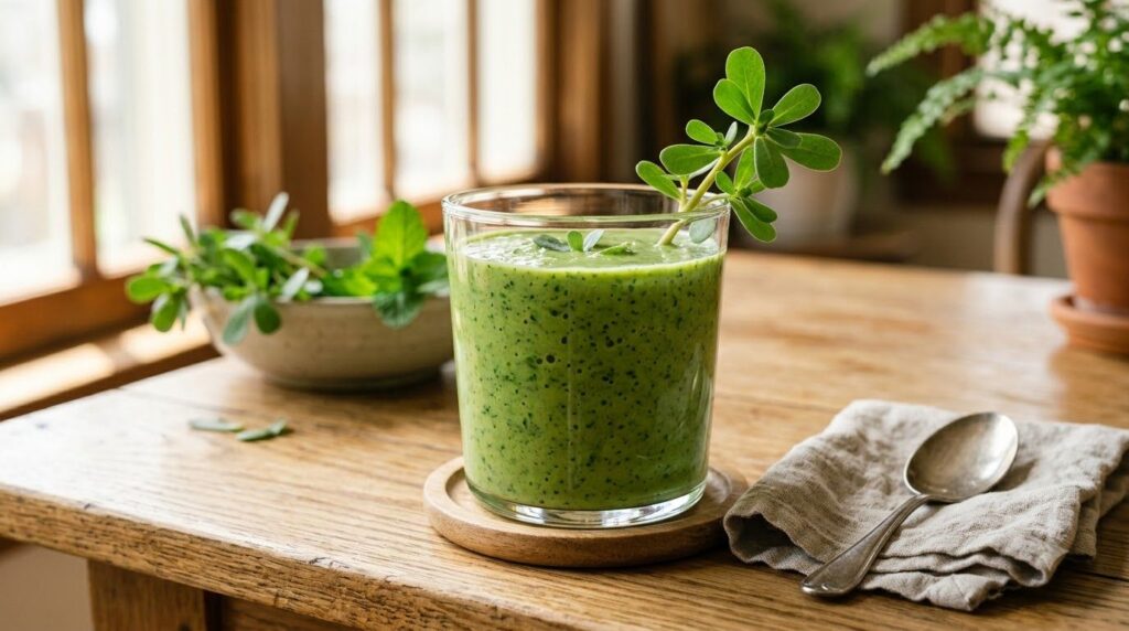 A refreshing green smoothie in a clear glass with visible flecks of green garnished with a purslane sprig on the rim