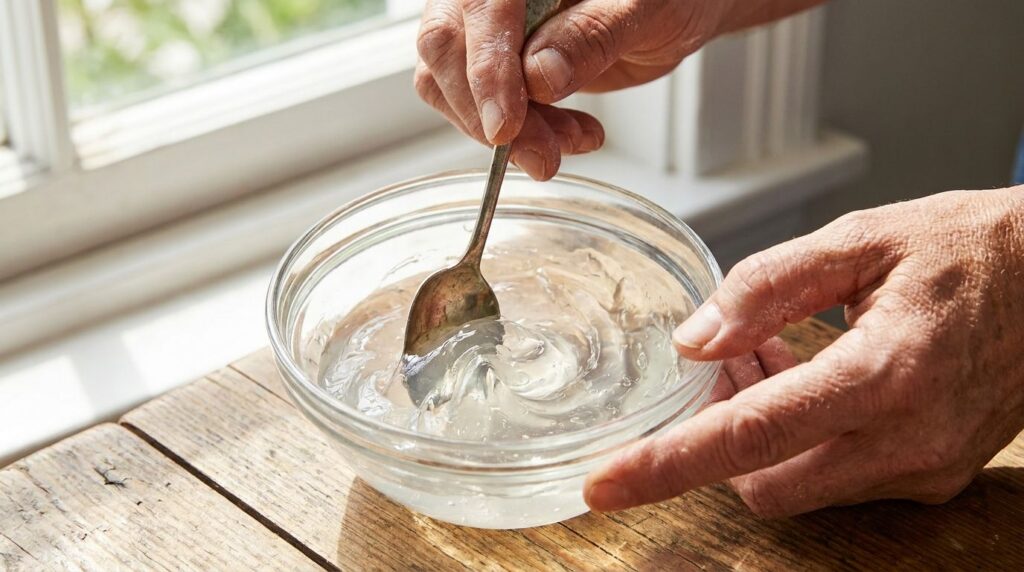 Hands mixing aloe vera gel glycerin and rosewater in a small glass bowl with a spoon showing the translucent jelly consi