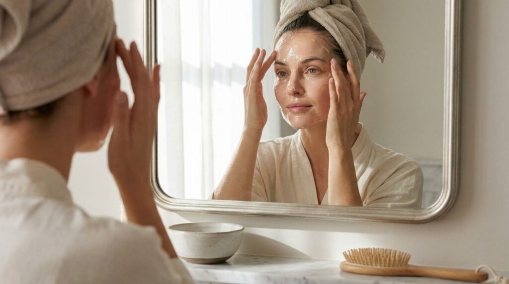 A woman gently applying a clear jelly face mask to her clean face looking at her reflection with a serene expression hig