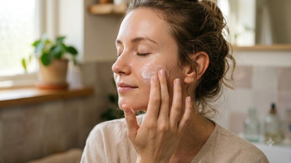 A woman gently massaging a small amount of the white creamy mix onto her cheek Her eyes are closed indicating a relaxing