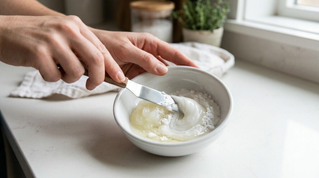A hand gently mixing petroleum jelly baby oil and baking soda in a small white ceramic bowl with a small spatula Ingredi
