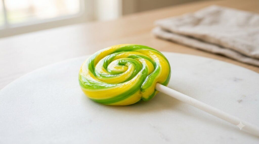 A bright yellow and green swirled lemon-lime fruit lollipop showing a vibrant glossy texture with a stick The background