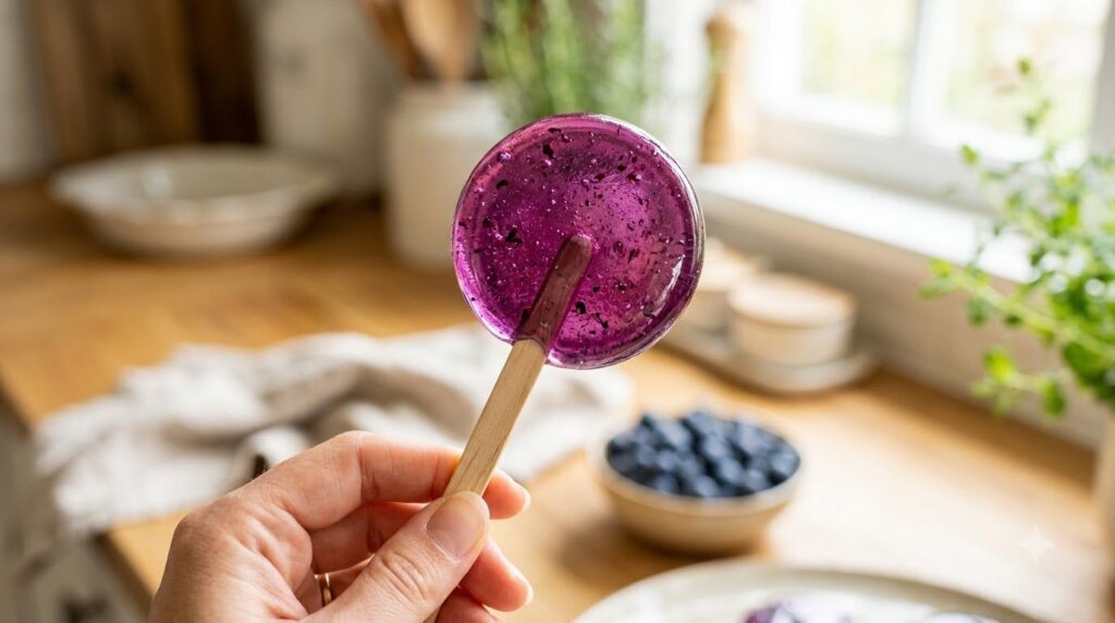 A close-up of a vibrant purple blueberry fruit lollipop with a stick looking glossy and inviting The background is blurr