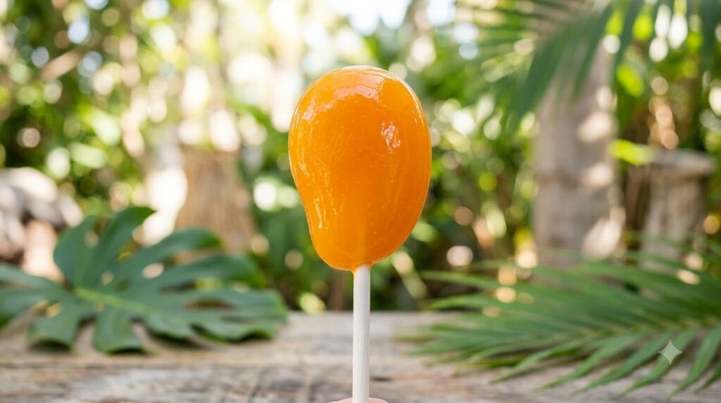 A vibrant orange tropical mango fruit lollipop appearing smooth and glossy with a white stick The background is bright a
