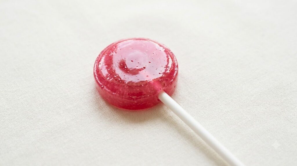A rich pink raspberry fruit lollipop with a white stick looking glossy and appealing on a light background