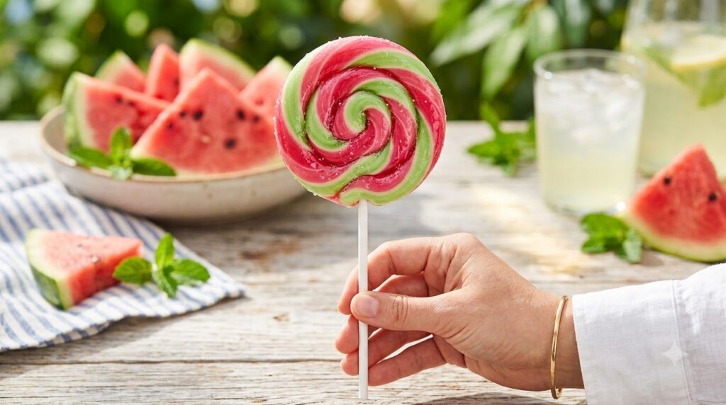 A vibrant pink and light green swirled watermelon-flavored fruit lollipop with a stick looking juicy and refreshing