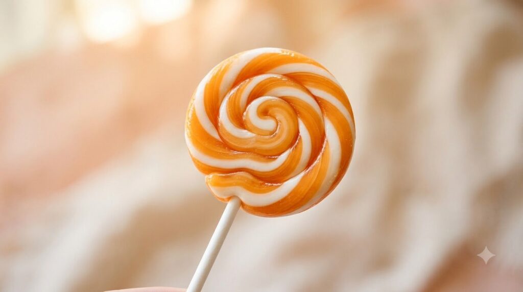 A creamy orange and white swirled lollipop resembling a creamsicle with a white stick on a pastel background