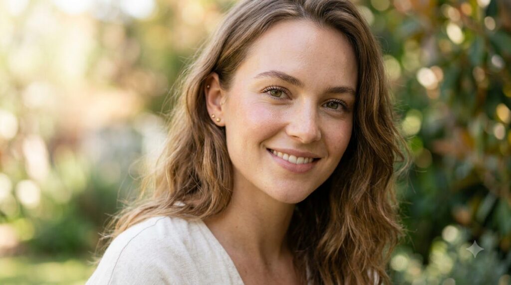 A woman s face glowing with a healthy radiant complexion after using a skincare routine with soft focus and natural ligh
