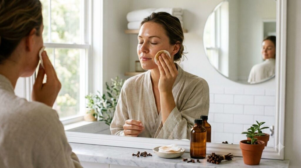 A woman gently applying homemade clove toner to her face with a cotton pad in a well-lit bathroom showing a natural skin