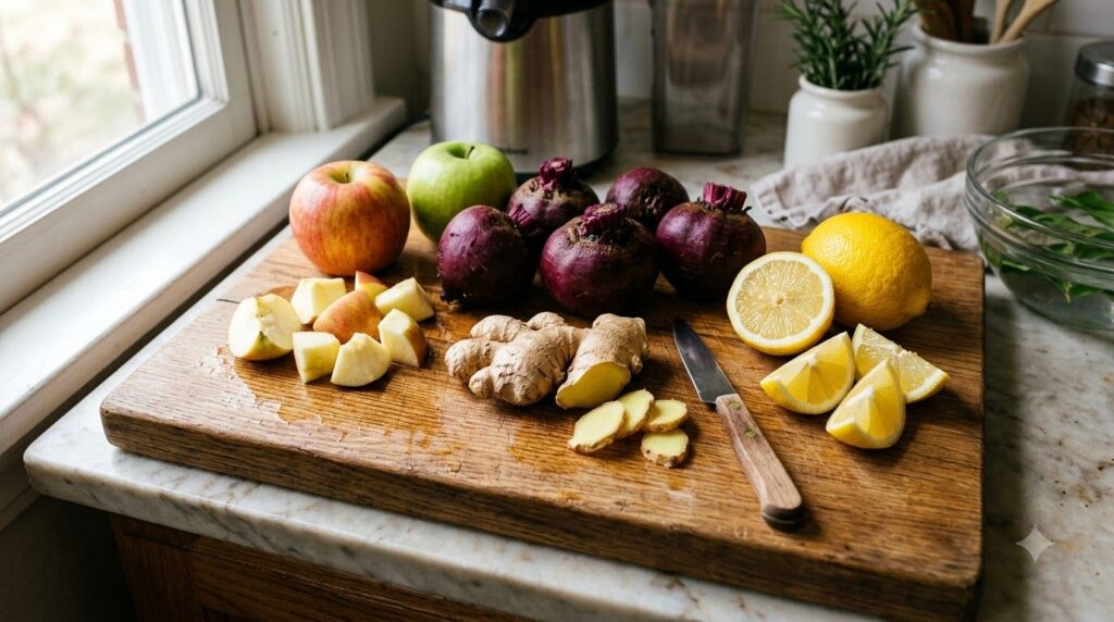 Ingredients for beetroot juice whole beets ginger apples and a lemon on a cutting board ready for juicing