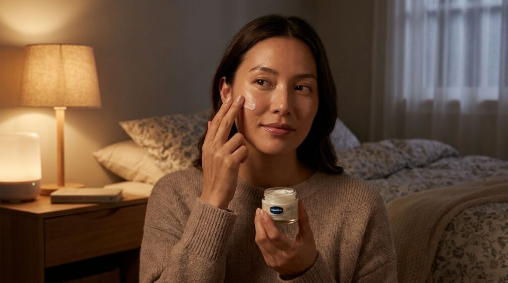 A woman with clear radiant skin gently applying a thin layer of the Vaseline mix to her cheek with her fingertips during