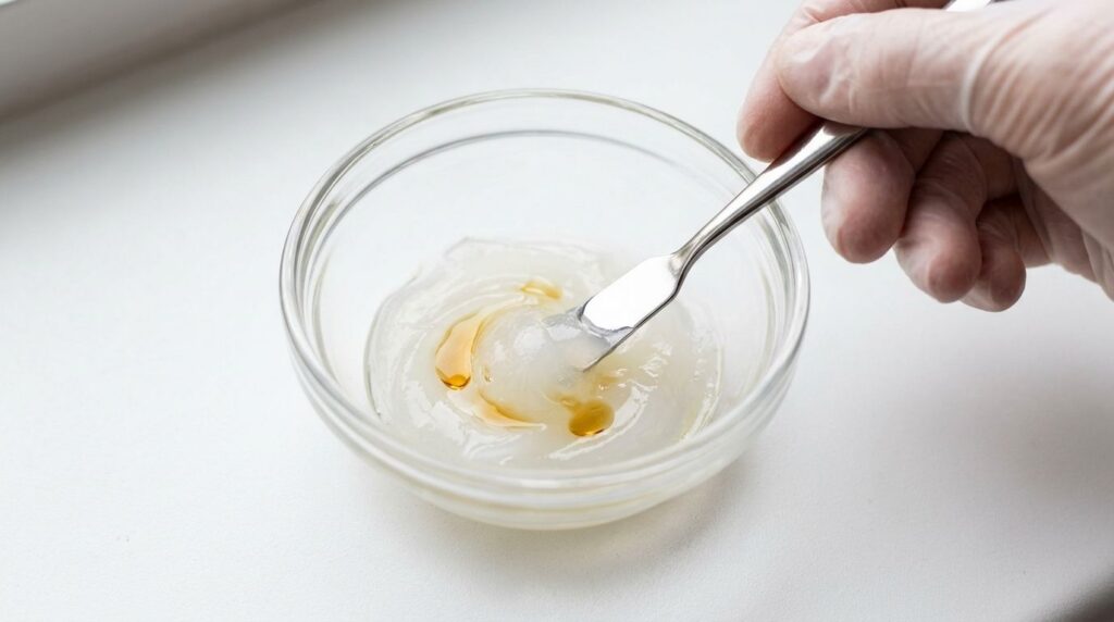 Close-up shot of a small bowl where Vaseline is being mixed with a few drops of vitamin E oil using a tiny spatula The i
