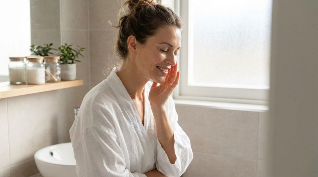 A woman with clean radiant skin after using a face scrub looking refreshed and happy Focus on her healthy-looking comple