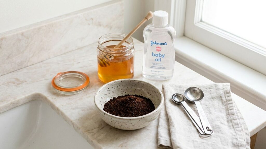 Ingredients for the coffee and honey face scrub laid out on a clean countertop a small bowl with coffee grounds a jar of