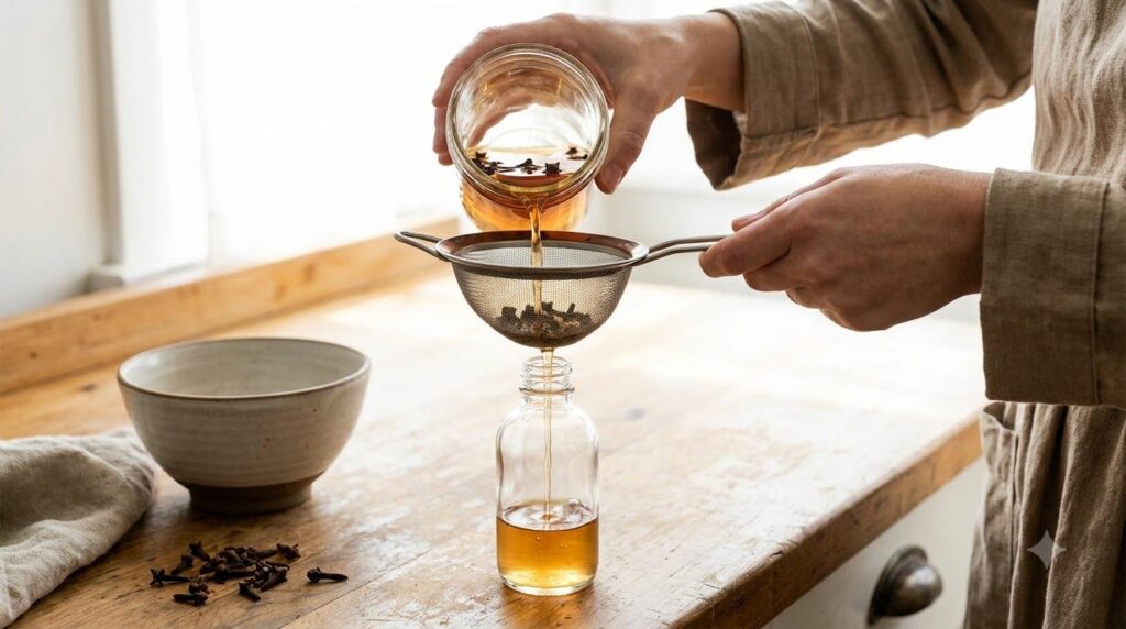 A hand straining clove-infused water through a fine-mesh sieve into a glass spray bottle