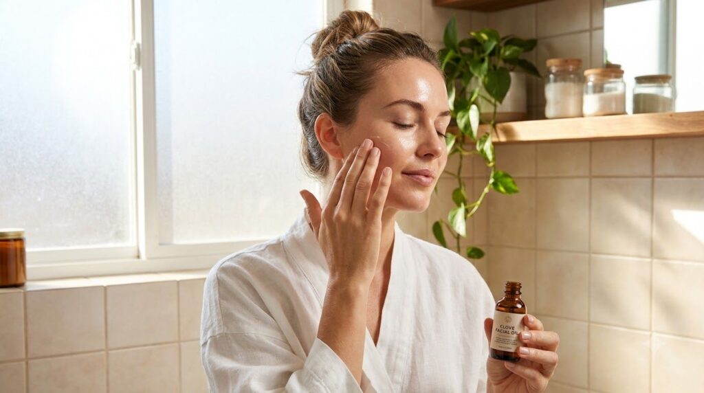 A woman gently massaging a few drops of clove-infused facial oil onto her face focusing on areas like her cheeks and for