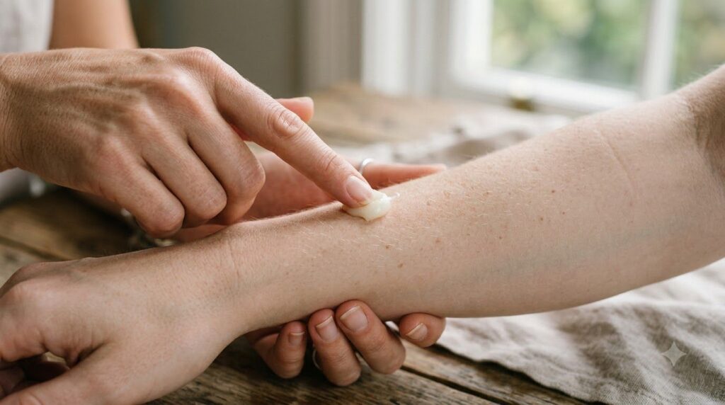 A close-up of a hand performing a patch test on the inner arm with a small dab of a mixed Vaseline product emphasizing s