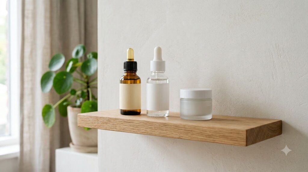 A variety of gentle beneficial skincare ingredients like a small bottle of jojoba oil a hydrating serum dropper and a sm