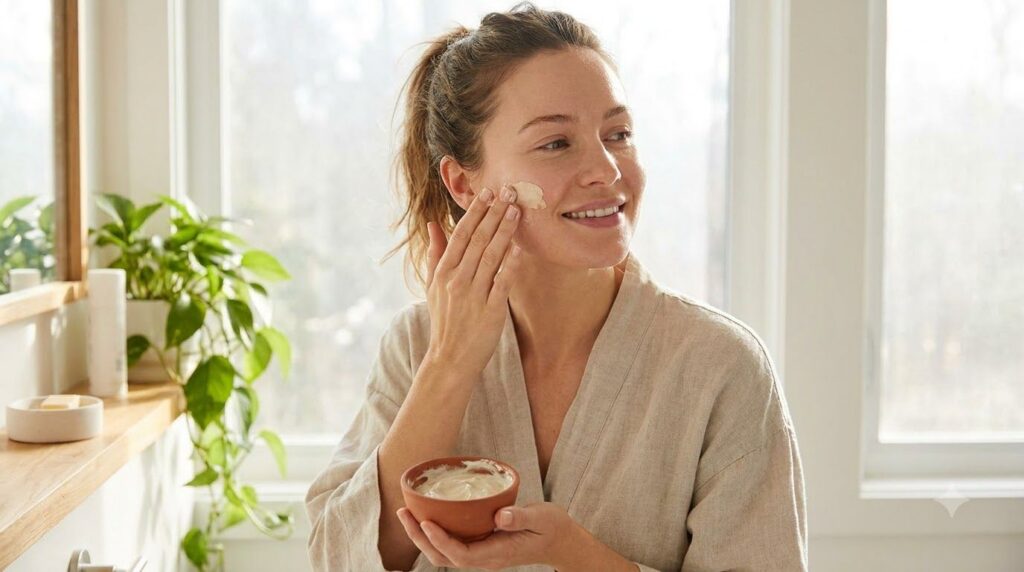 A woman gently applying a homemade face mask to her cheek demonstrating careful application