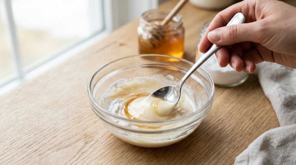 A small glass bowl with baking soda honey and water being mixed with a spoon to form a smooth paste