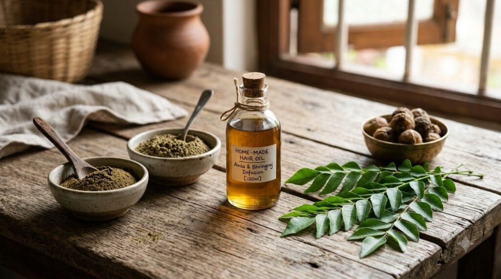 Various natural ingredients for hair such as Amla powder Bhringraj powder and fresh curry leaves neatly arranged around 