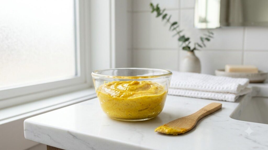 A close-up shot of a small glass bowl containing a yellowish paste representing the Vaseline turmeric lemon mixture with