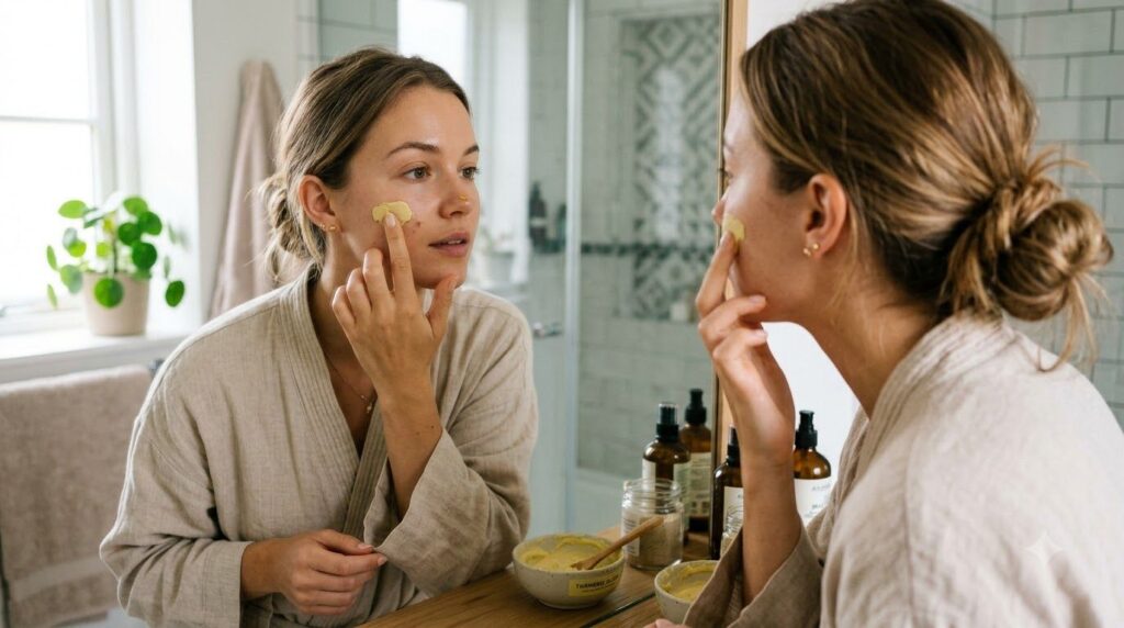 A woman gently applying a yellowish paste to her cheek targeting a small area with an imaginary dark spot Her skin is cl