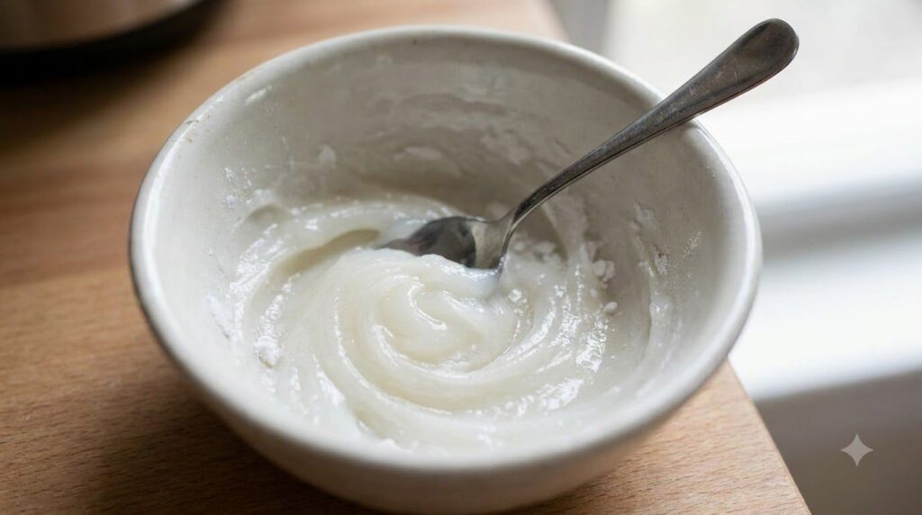 Close-up of a small bowl containing Vaseline and baking soda being mixed into a smooth paste with a small spoon The text
