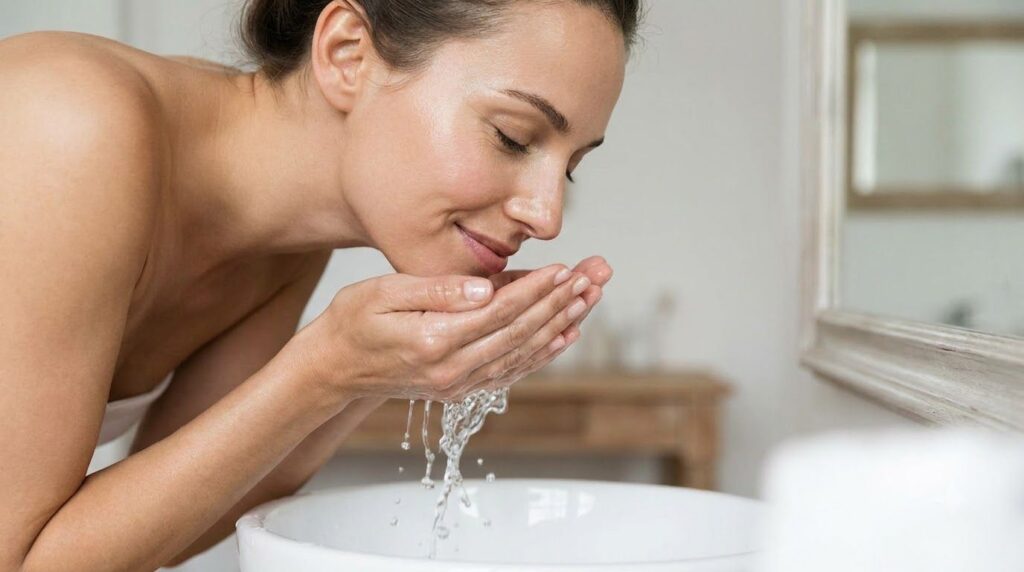 A woman gently rinsing her face with lukewarm water after applying a face mask Her skin appears refreshed and clean with