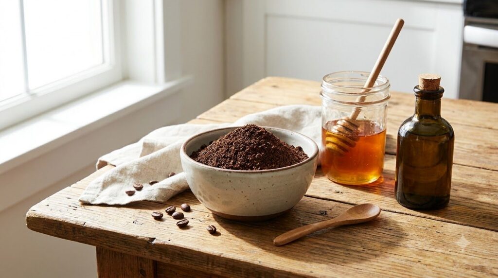 Ingredients for coffee scrub laid out on a rustic wooden table a bowl of ground coffee a jar of honey and a small bottle