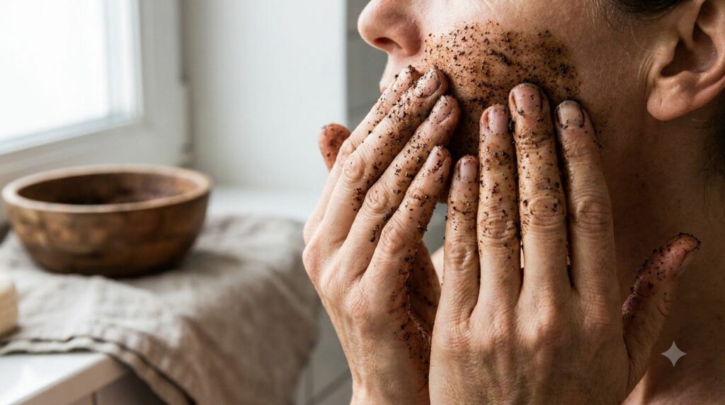 A close-up of a person s hands gently massaging a brown coffee scrub onto their face showing the texture of the scrub