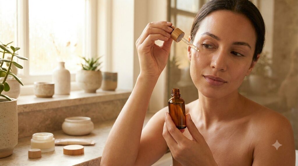 A woman applying a few drops of a homemade serum from a dropper bottle onto her clean face gently massaging it into her 