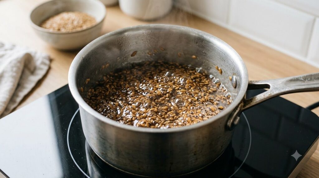 A small saucepan on a stove with flax seeds simmering in water forming a gel-like consistency