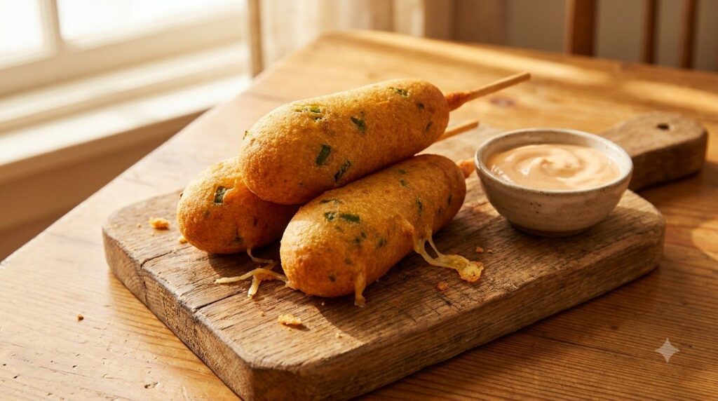 Spicy cheesy corn dogs with visible jalapeño pieces in the batter served on a rustic wooden board with a side of ranch o