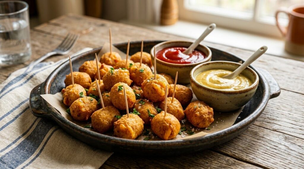 A platter of mini cheesy corn dog bites golden brown arranged neatly with toothpicks alongside small bowls of ketchup an