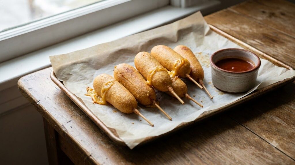 Baked cheesy corn dogs on a baking sheet lined with parchment paper looking slightly less greasy but still golden with a