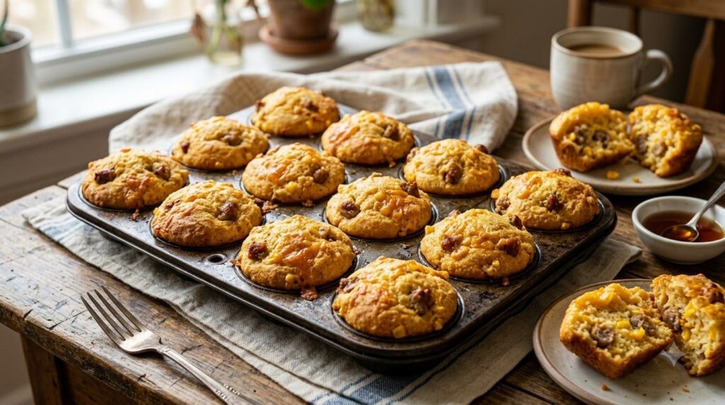 Breakfast cheesy corn dog muffins in a muffin tin golden and puffed with bits of sausage visible and a hint of melted ch