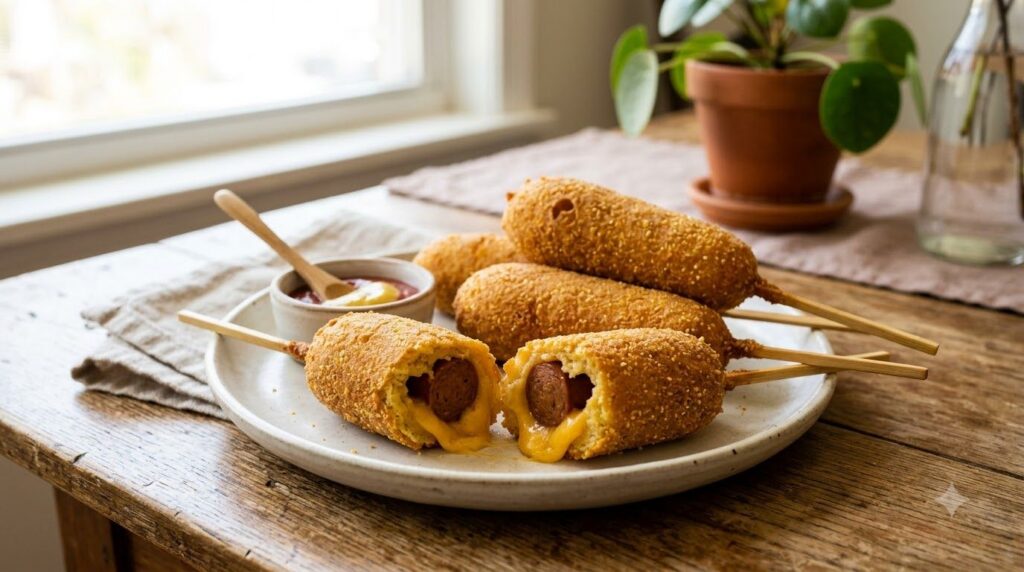 Golden-brown vegan cheesy corn dogs on a plate visibly made with plant-based hot dogs and melted vegan cheese looking ap