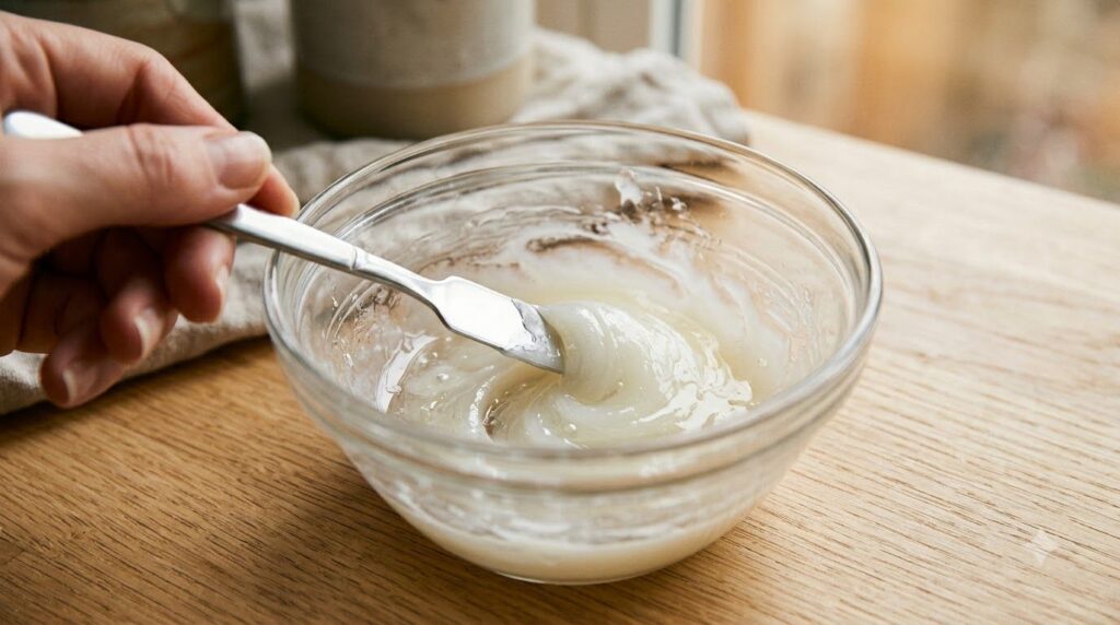 A close-up of a glass bowl with Vaseline and baby oil being stirred together with a small spatula to create a smooth uni