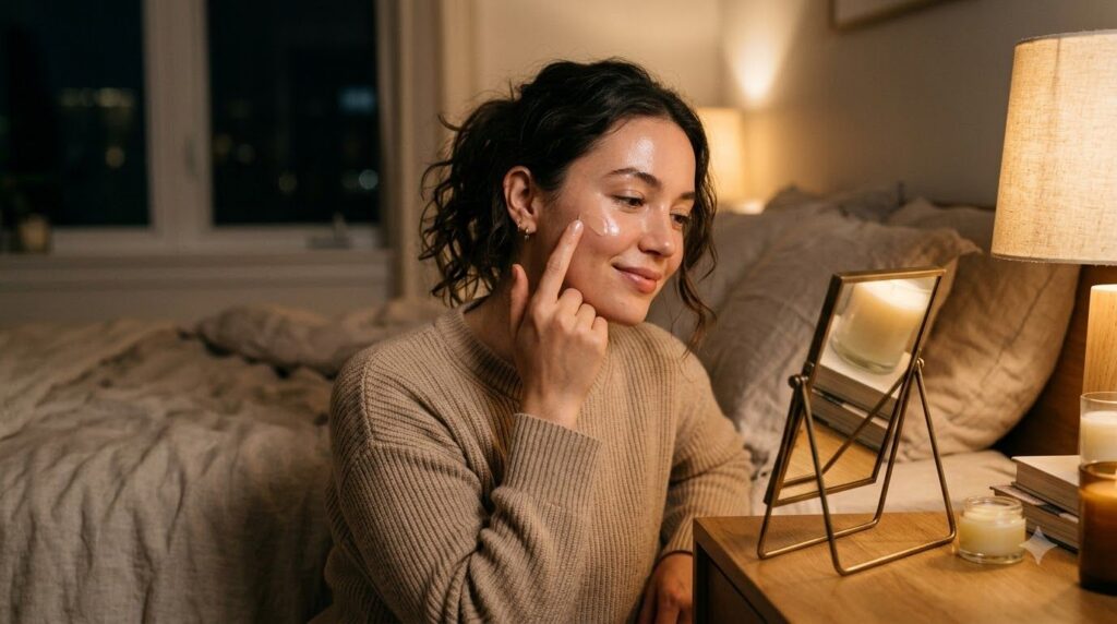 A woman gently applying a small amount of a glossy balm to her cheekbone at night with a soft glowing complexion in a co